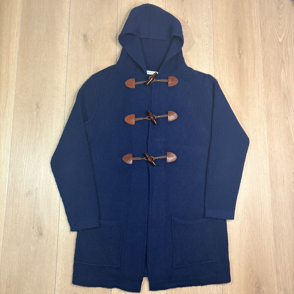 Vintage Sears Roebuck Navy Blue Knit Toggle Duffle Hooded Cardigan Sweater Large